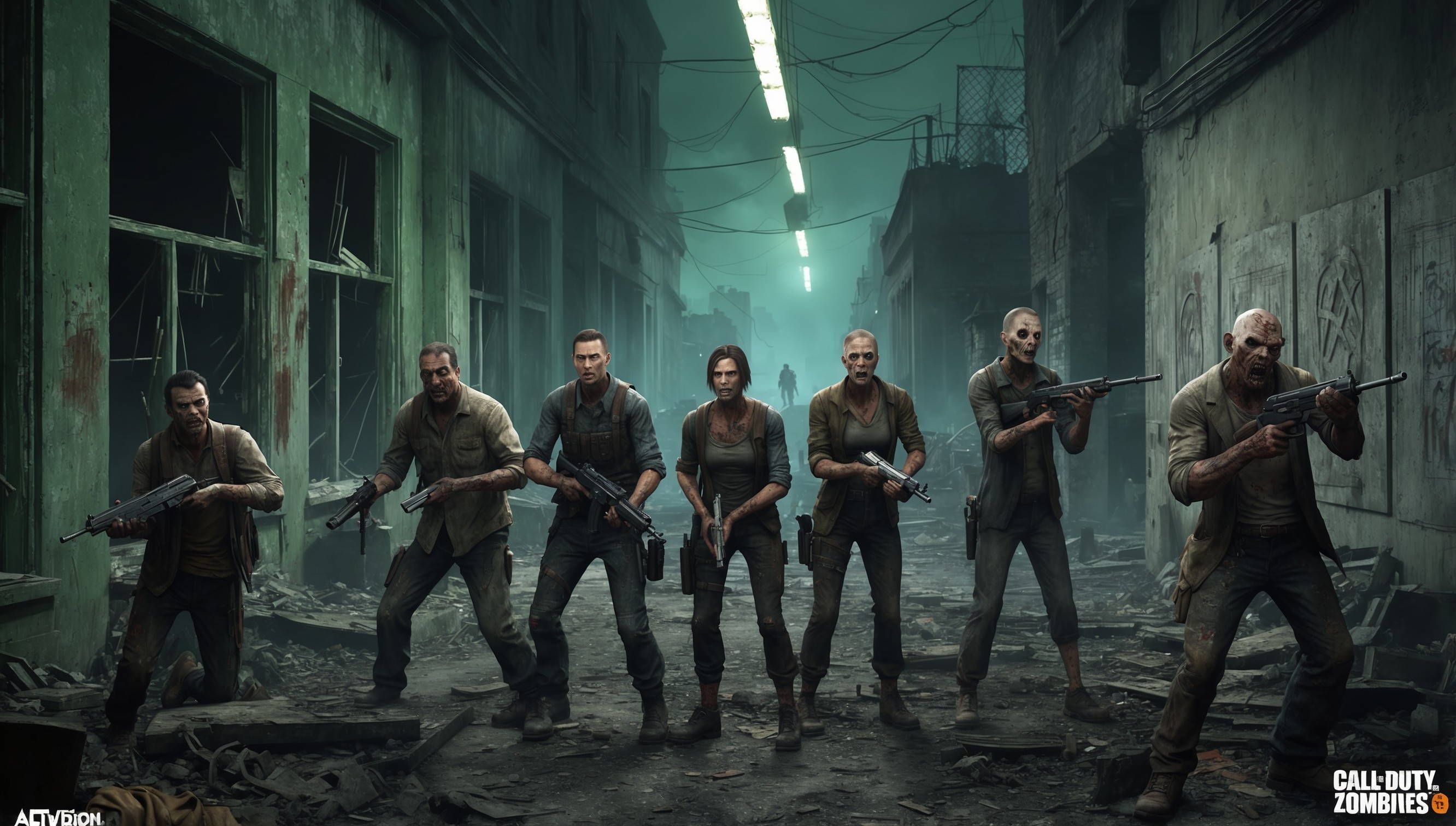 A dimly lit, eerie, and worn-down environment inspired by the Call of Duty: Black Ops 6 Zombies Mode, with a faded green and brown color palette, showcasing a decrepit, worn-out, and barricaded urban setting, possibly an abandoned city street or a deserted alleyway, with shattered windows, ruins, and debris scattered everywhere, illuminated by flickering fluorescent lights or eerie moonlight, with hints of mist or fog adding to the ominous atmosphere, featuring a group of four to six survivors, each with unique facial features, worn-out clothing, and scarred skin, armed with guns and melee weapons, standing back-to-back in a defensive stance, ready to take on the approaching hordes of undead, with subtle hints of mysterious, ancient artifacts and cryptic symbols etched into the walls or on the ground, implying a deeper, darker narrative behind the zombie apocalypse.