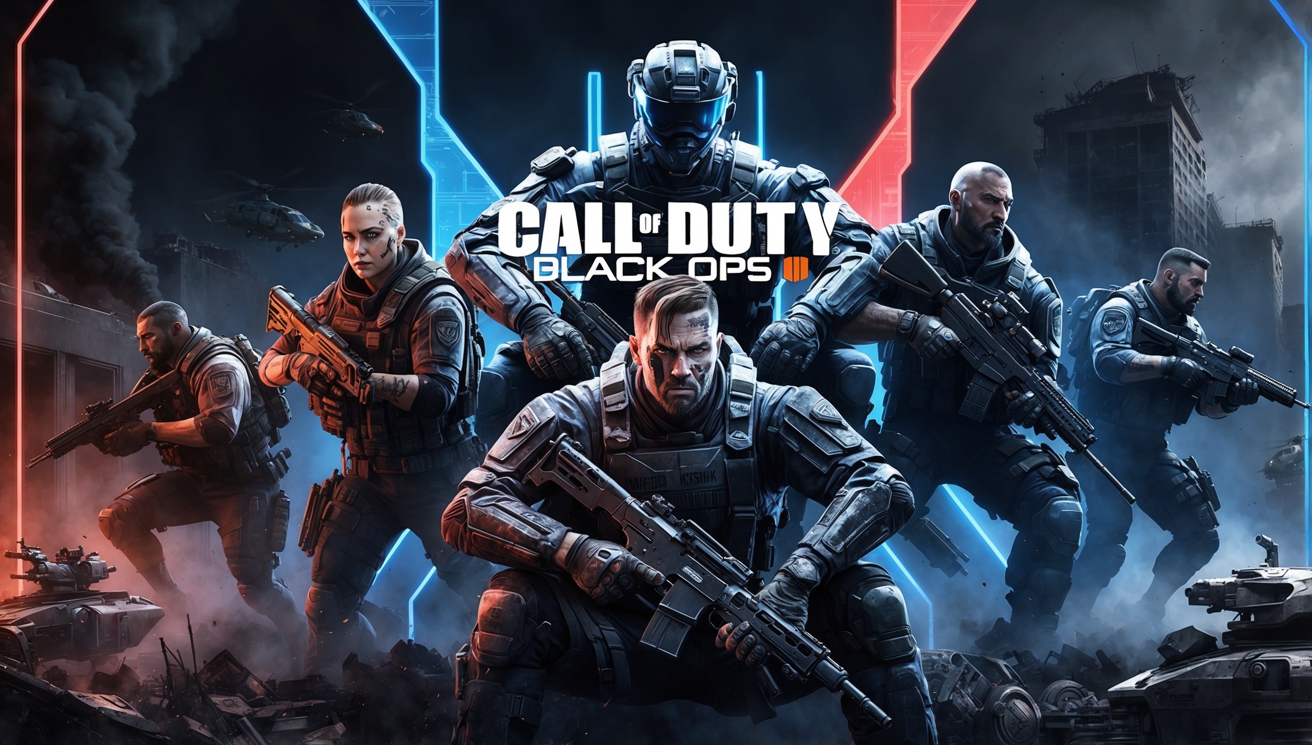 A gritty, realistic illustration depicting a futuristic, high-tech battlefield scene inspired by the Call of Duty: Black Ops 6 game, set against a dark, ominous backdrop with neon blue and red accents, featuring a group of heavily armed, elite operatives in advanced tactical gear, with detailed facial features, diversity in skin tones, and unique attributes such as scars, tattoos, or prosthetics, amidst a cityscape with destroyed buildings, smoke-filled skies, and advanced military vehicles, with the game's logo prominently displayed in bold, metallic silver letters with a modern, sans-serif font, and subtle, weathered textures and gritty worn effects to convey a sense of intensity and realism.