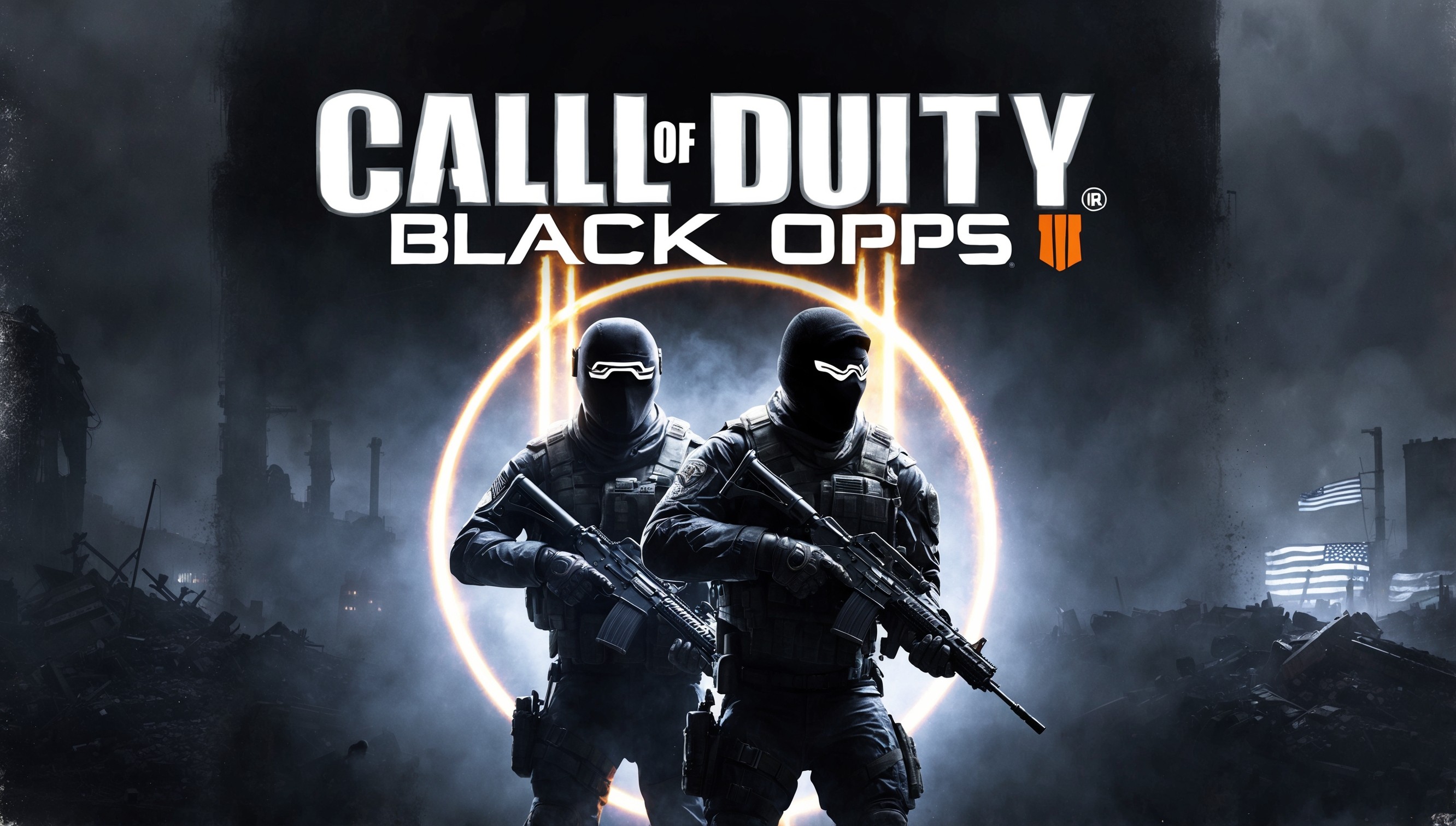 A gritty, high-contrast poster for Call of Duty: Black Ops 6, featuring a bold, metallic font with the game's title emblazoned across the top in silver and black, with a stylized, futuristic design element integrated into the letters. In the background, a dark, misty landscape with ruins of a war-torn cityscape, illuminated by the faint glow of neon lights and muzzle flashes, with a subtle American flag motif visible in the shadows. The dominant color palette is a muted blend of grays, blacks, and dark blues, evoking a sense of tension and foreboding. At the center of the image, a pair of masked, heavily-armed operatives in black tactical gear, their faces obscured by night vision goggles, stand back-to-back, surveying their surroundings with rifles at the ready, surrounded by a halo of light. The overall style is a mix of photorealism and digital painting, with a gritty, textured look that conveys the intensity and danger of the game's world.