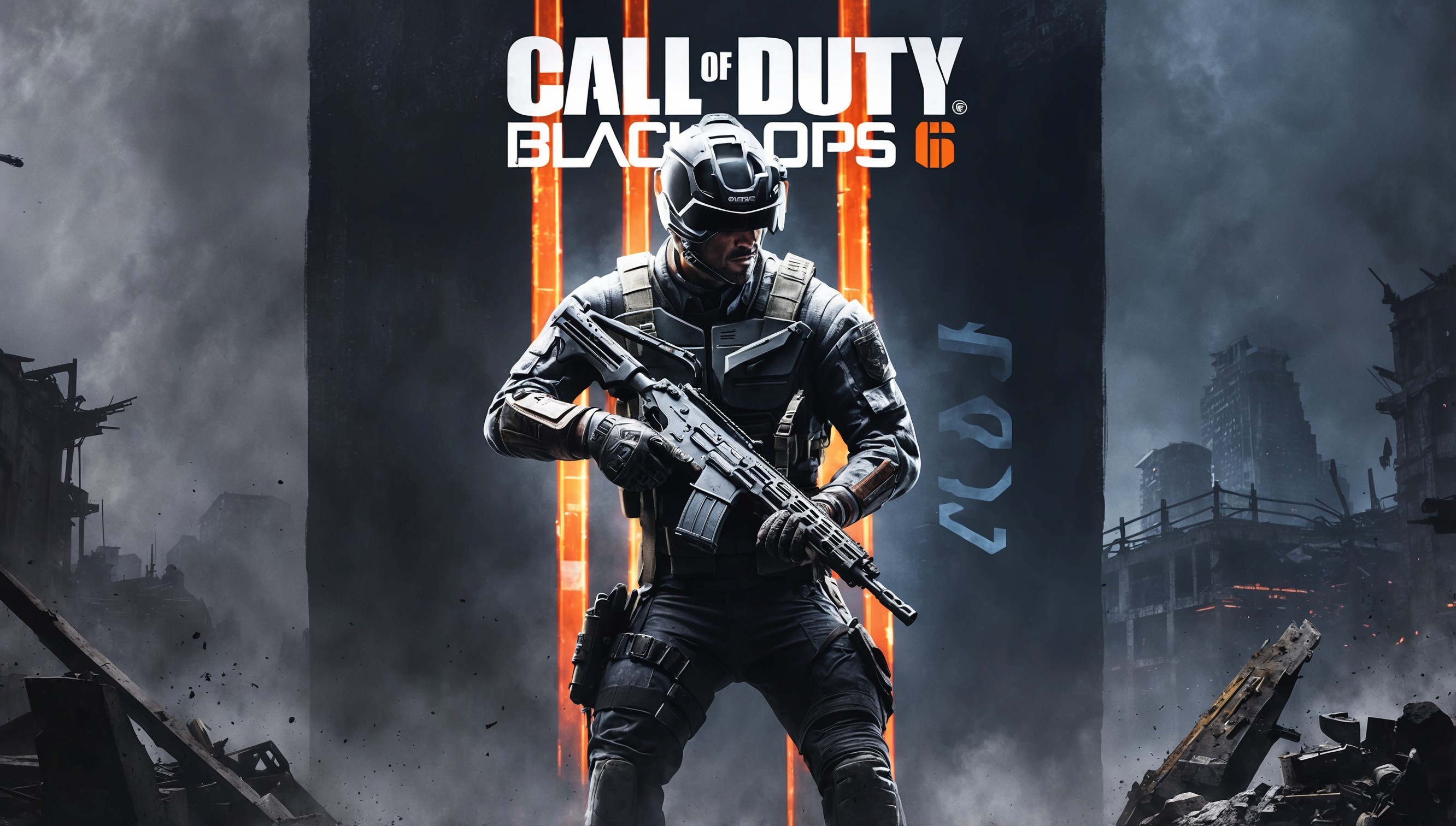 A cinematic poster artwork for Call of Duty: Black Ops 6, set against a dark, gritty urban backdrop with ruins and destruction in the foreground, evoking a sense of intensity and chaos. In the center, a helmet-clad soldier, possibly the main protagonist, stands tall, armed with a high-tech assault rifle, donning a black tactical vest, and wearing a mix of futuristic and worn-out gear. The soldier's facial features are strong, with a determined expression, and a hint of grit and fatigue. The color palette is predominantly dark, with shades of black, grey, and dark blue, accented with muted neon lights and hints of orange, conveying a sense of high-stakes action and urgency. The title 