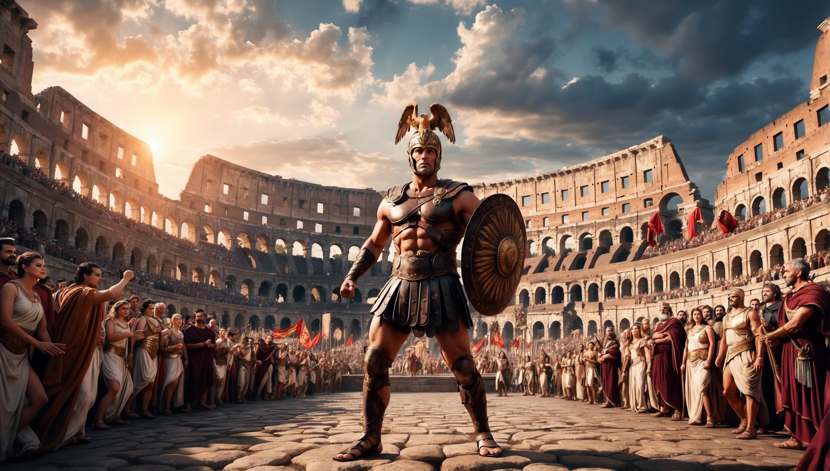 A sweeping epic landscape depicting a majestic ancient Roman colosseum at dusk, with warm golden light casting long shadows across the intricate stone architecture, as a muscular and fearless gladiator stands victorious in the center, clad in worn leather armor and a helmet adorned with a regal golden eagle, his strong jawline and piercing brown eyes exuding confidence and pride, surrounded by a crowd of cheering Roman citizens, senators, and noblewomen, all dressed in luxurious togas and ornate jewelry, with fluttering banners and grandiose architecture rising high into the cloudy sky, as the air is filled with the thrill of combat and the promise of glory.