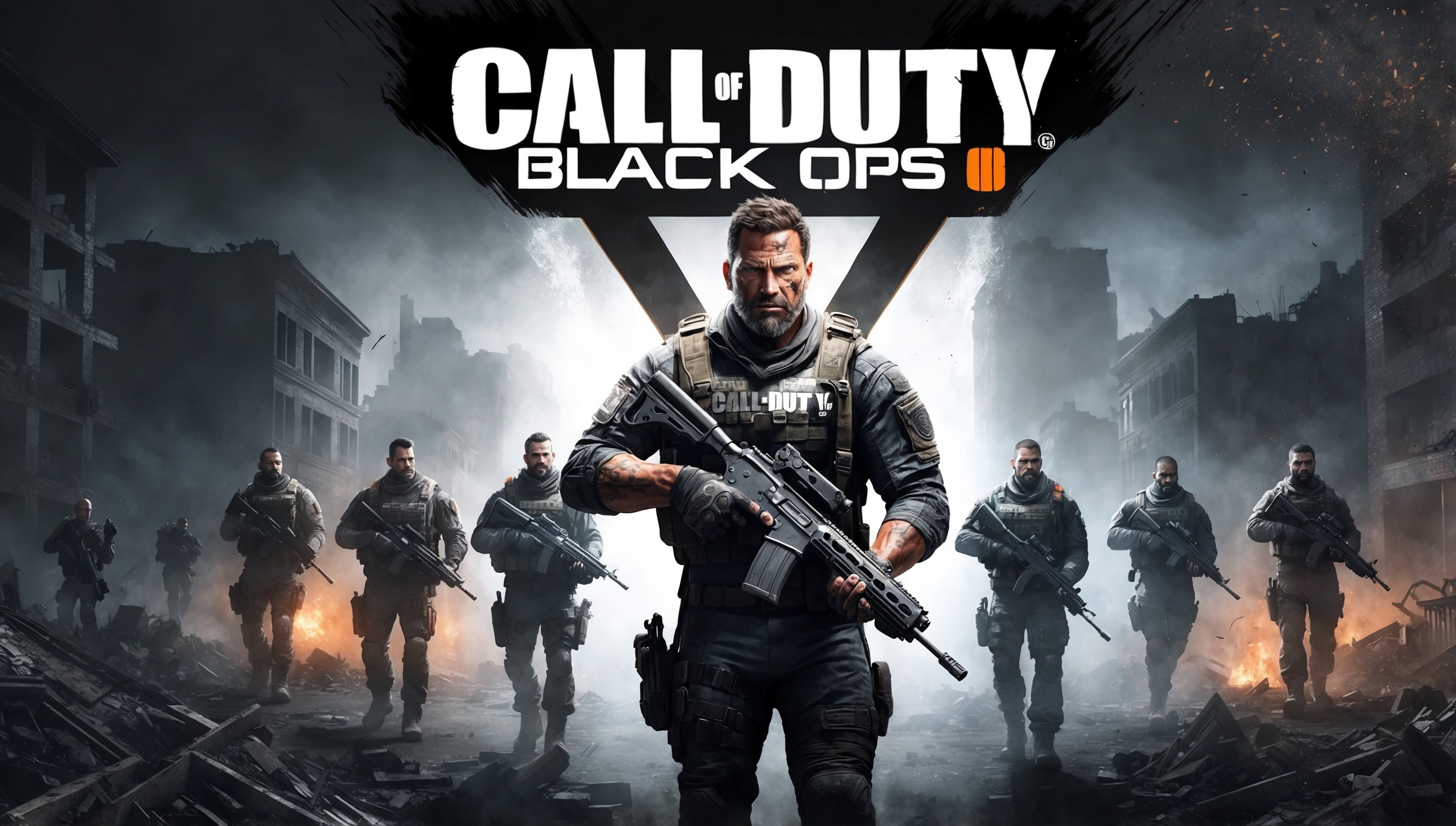 A gritty, high-contrast digital illustration of the Call of Duty: Black Ops 6 game, set against a dark, misty urban warzone backdrop with destroyed buildings and debris-filled streets, featuring a dominant color scheme of deep blacks, greys, and muted greens, with flashes of orange and red from explosions and gunfire, showcasing a team of Special Forces operatives, each with unique facial features, weathered skin, and worn, tactical gear, with the main character, a grizzled, ruggedly handsome man with a strong jawline and piercing blue eyes, standing at the forefront, holding a futuristic assault rifle, with the game's logo emblazoned in bold, metallic silver letters, with a worn, distressed effect, at the top of the composition, surrounded by subtle, dynamic lighting effects that evoke a sense of tension and urgency.