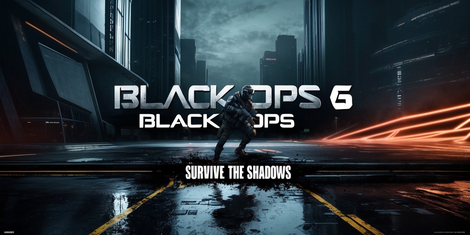 A gritty, high-contrast poster for Black Ops 6, a fictional first-person shooter game, featuring a dark and ominous urban cityscape at dusk, with sleek, modern skyscrapers and neon lights reflecting off the wet pavement, set against a deep, foreboding grey-blue background, evoking a sense of tension and urgency, with the game's title 