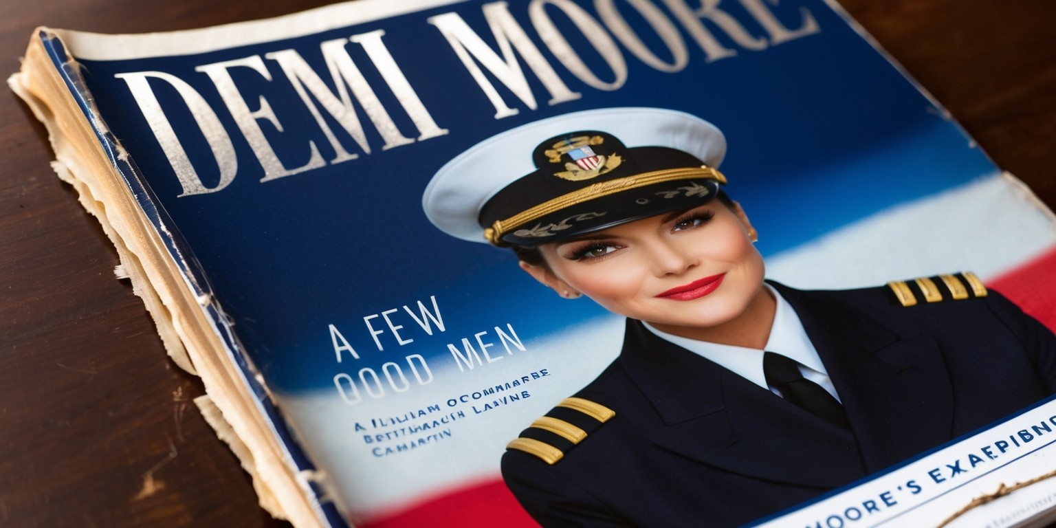 A close-up shot of a worn, dog-eared magazine cover featuring a bold, italicized title in metallic silver font on a rich navy blue background, with a striking image of Demi Moore's character, Lieutenant Commander JoAnne Galloway, in her formal naval uniform, her piercing brown eyes and chiseled features evoking a sense of determination and strength, a hint of a smile playing on her lips, set against a subtle gradient of American flag colors, with the tagline 