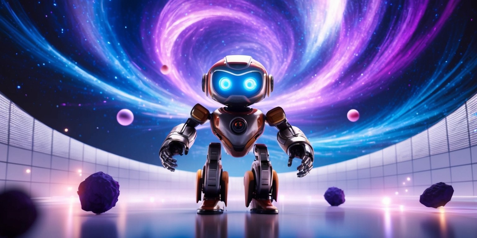 A futuristic, vibrant, and action-packed scene depicting Astro Bot, a small, robotic hero, standing heroically in the center, surrounded by a mesmerizing, starry night sky with swirling purple and blue hues, set against a subtle, grid-like background that evokes a sense of depth and dimensionality, with a few floating, glowing planets and asteroids scattered around, illuminated by soft, pulsing lights, Astro Bot's shiny, metallic body reflecting the colors of the galaxy, its bright, glowing blue eyes fixed intently forward, conveying a sense of determination and bravery, with a series of intricate, metallic limbs and a propulsion pack on its back, ready to blast off into the unknown, with a hint of motion blur around its legs, suggesting dynamic movement and energy.