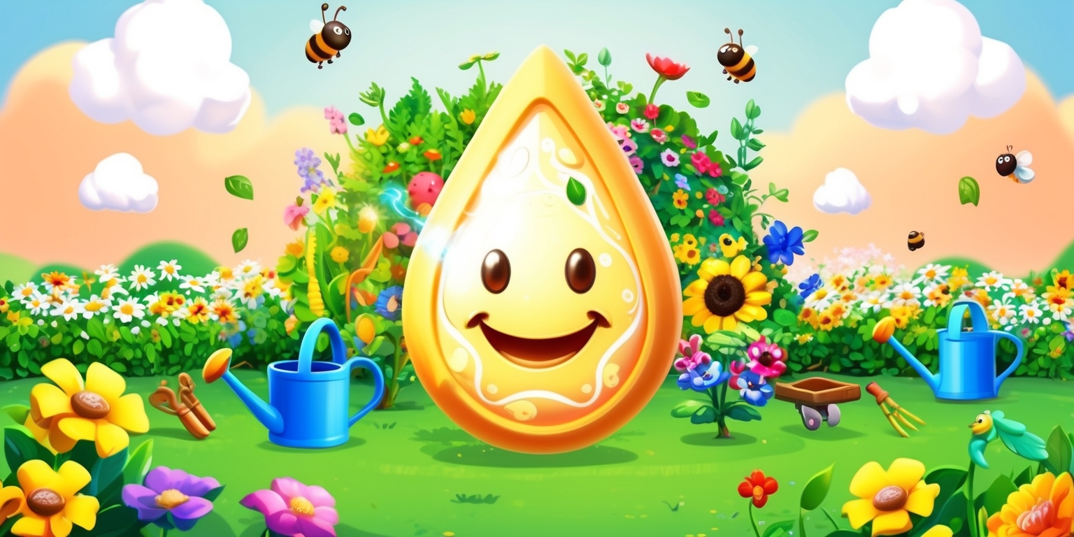 A whimsical illustration of a video game scene featuring a vibrant, blooming garden, set against a warm, sunny background with fluffy white clouds, with various garden-themed game elements such as seeds, watering cans, and gardening tools scattered throughout the scene, surrounded by lush greenery and colorful flowers, with possibly a few friendly insects, like bees or butterflies, flying around, and in the center, a large, ornate, glowing seed with a smile, serving as the main gameplay mechanic, with bold, playful fonts and bright, pastel colors, with slight textures and subtle animations to give it a lively, dynamic feel.