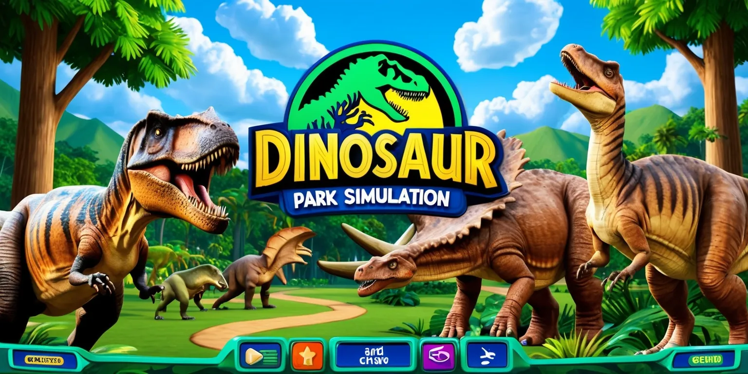 A highly detailed and vibrant digital illustration of a dinosaur park simulation game, featuring a variety of dinosaurs such as Tyrannosaurus Rex, Triceratops, and Velociraptor, set amidst a lush green forest with tall trees, rolling hills, and a sunny sky with fluffy white clouds, the game's user interface is visible, including menus, buttons, and a map, with a mix of realistic and stylized graphics, the dinosaurs are depicted in a realistic manner with scaly skin, sharp teeth, and expressive facial features, the game's logo is prominently displayed in a bold, futuristic font, with a color scheme that includes shades of green, blue, and brown, evoking a sense of adventure and excitement, the overall style is reminiscent of a theme park simulation game, with a focus on entertainment and education.