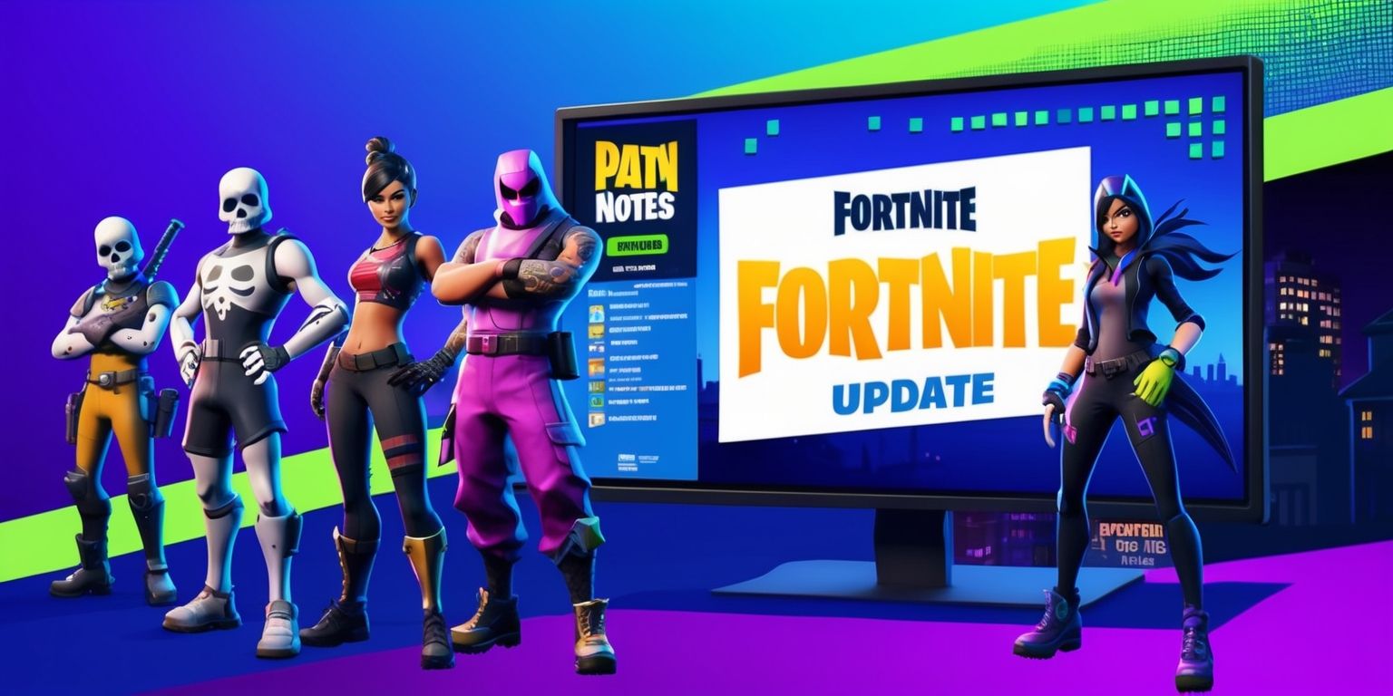 A vibrant and dynamic digital illustration depicting a Fortnite game update scene, set against a bold blue and purple ombre background with neon green accents, featuring popular Fortnite characters such as Skull Trooper and Raven, with various skin tones and distinctive outfits, standing in front of a large screen displaying the update's key features and patch notes in a modern, sleek font, with the Fortnite logo prominently displayed in yellow and orange, surrounded by pixels and code snippets, and a cityscape at dusk in the background, with a few buildings and trees visible, and a subtle glow effect to represent the update's excitement and energy.