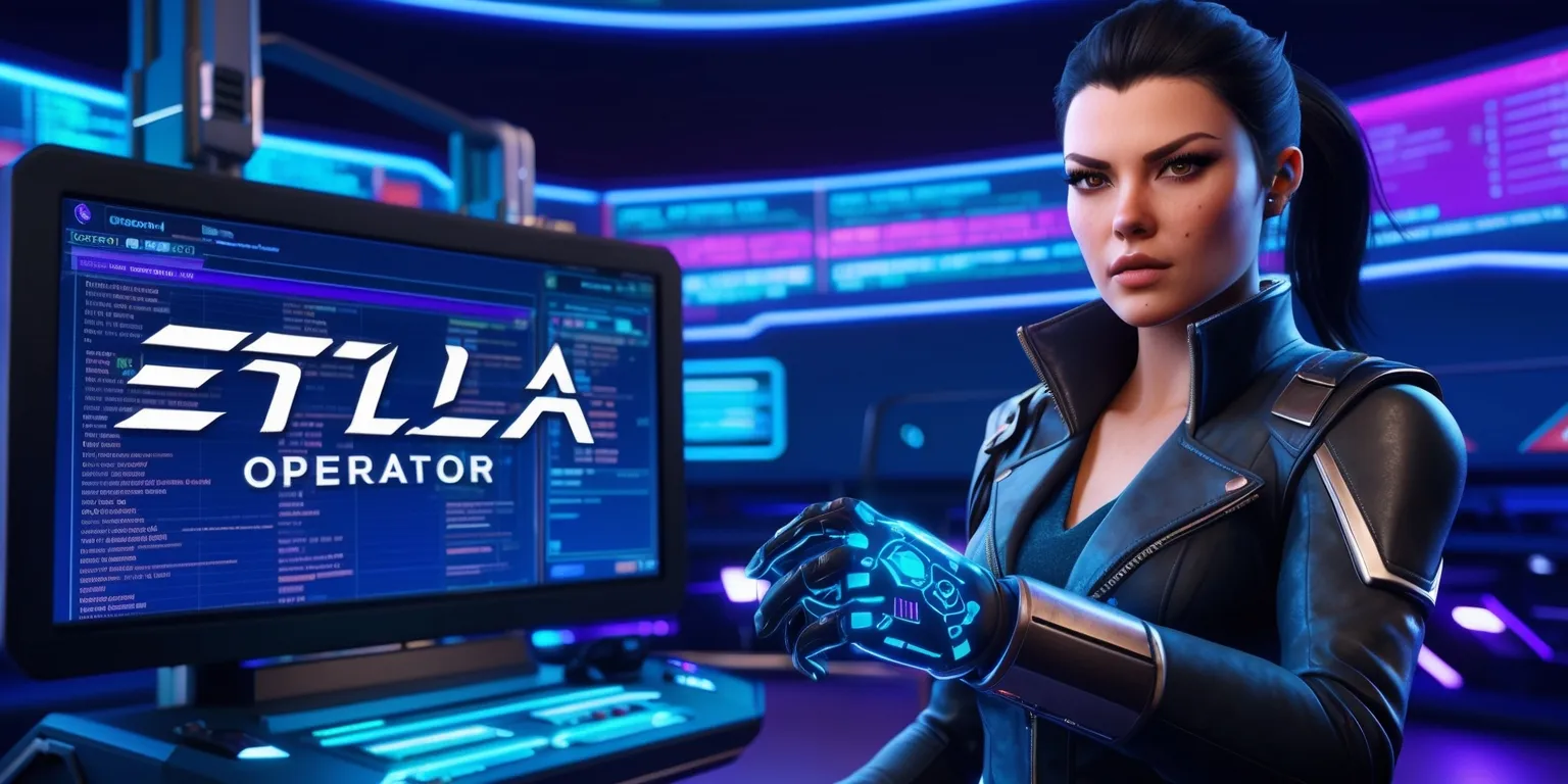 Estella operator in a futuristic gaming environment, with a vibrant blue and purple neon-lit background, surrounded by sleek high-tech equipment and holographic screens displaying lines of code and system diagnostics, the operator's face is determined with a sharp jawline and piercing brown eyes, her dark hair is tied back in a ponytail, she wears a black leather jacket with metallic accents and a pair of futuristic gloves with glowing blue circuits, in the foreground a large screen displays the game's interface with bold white and red text, the Estella logo is emblazoned on the screen in a stylized silver font with a subtle glow effect.