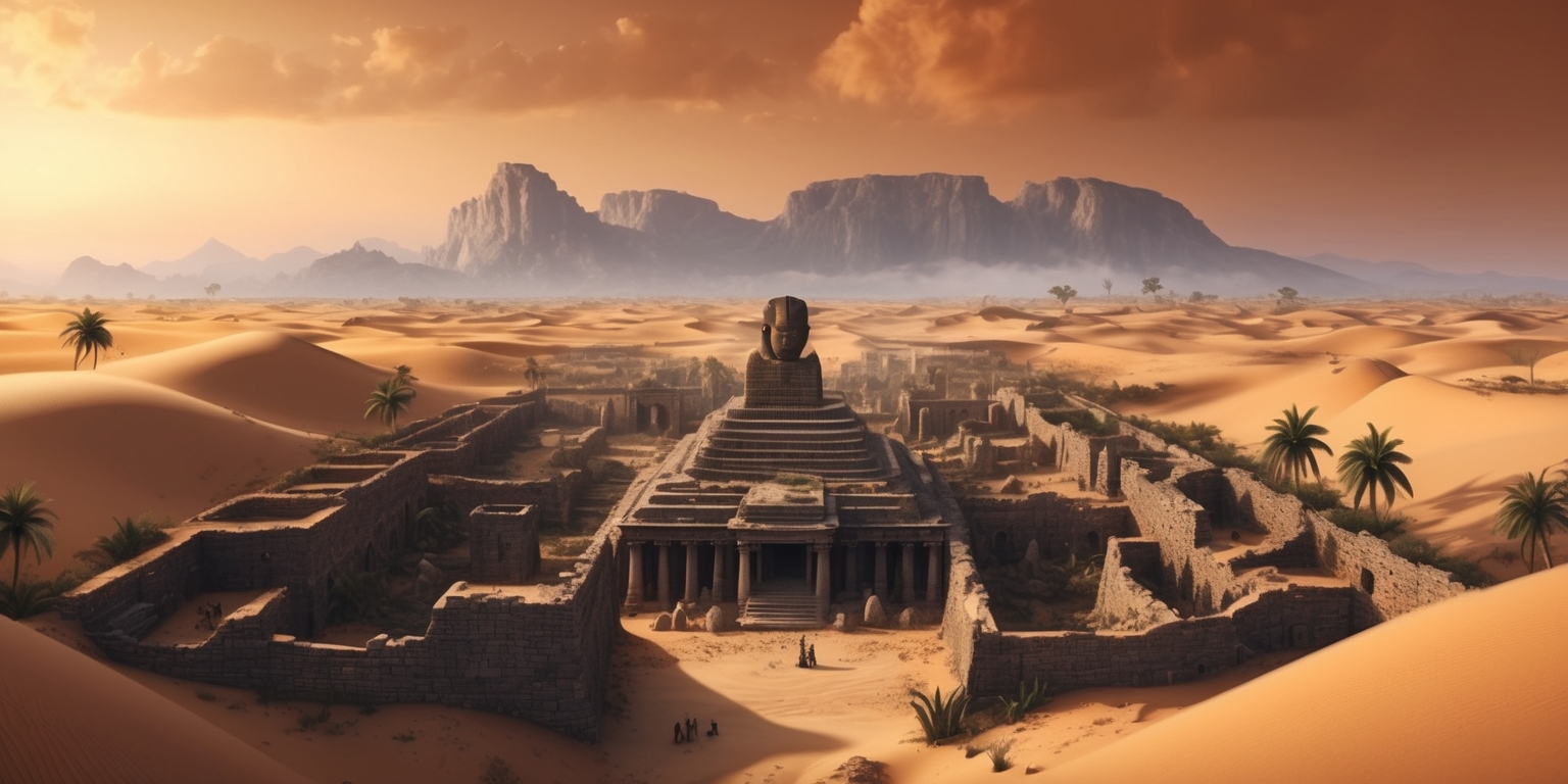 A mystical, ancient city buried under the sand, with crumbling stone structures and intricate carvings, surrounded by vast dunes that stretch towards the horizon, the sky above a warm, golden orange during sunset, with a few palm trees scattered throughout, and in the distance, a range of majestic, rocky mountains, the city's central temple visible, with a large stone statue of a long-forgotten king, the atmosphere serene, with a warm glow, and a sense of adventure, the city's history and secrets waiting to be uncovered, with a hint of mystery and danger lurking in the shadows.