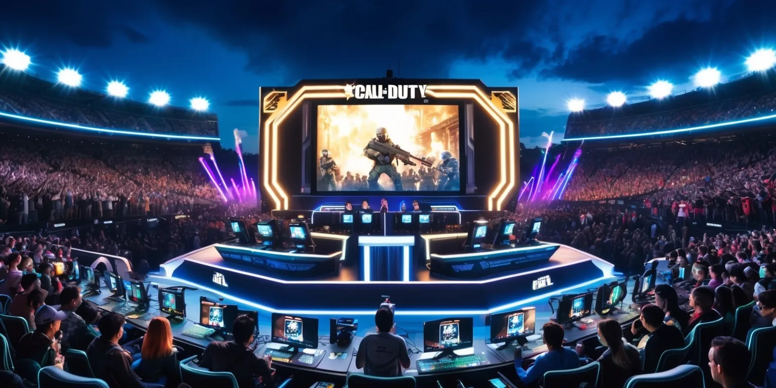 A large outdoor stadium filled with thousands of enthusiastic gamers and fans gathered for a Call of Duty live event, with a massive stage at the center featuring a gigantic screen displaying a live match, surrounded by flashing lights and neon accents, the atmosphere is electric, the crowd is cheering, and the commentators are seated at a desk with futuristic-looking microphones, the scene is set against a dark blue evening sky with spotlights shining down, the gamers on stage are seated at sleek gaming stations with high-performance computers and gaming gear, the crowd is a diverse mix of people with different facial features, skin colors, and unique attributes, all united by their passion for gaming, with some fans holding signs and banners with the Call of Duty logo, a bold, modern font in a metallic silver color, the overall style is dynamic and high-energy, capturing the excitement and intensity of the live event.