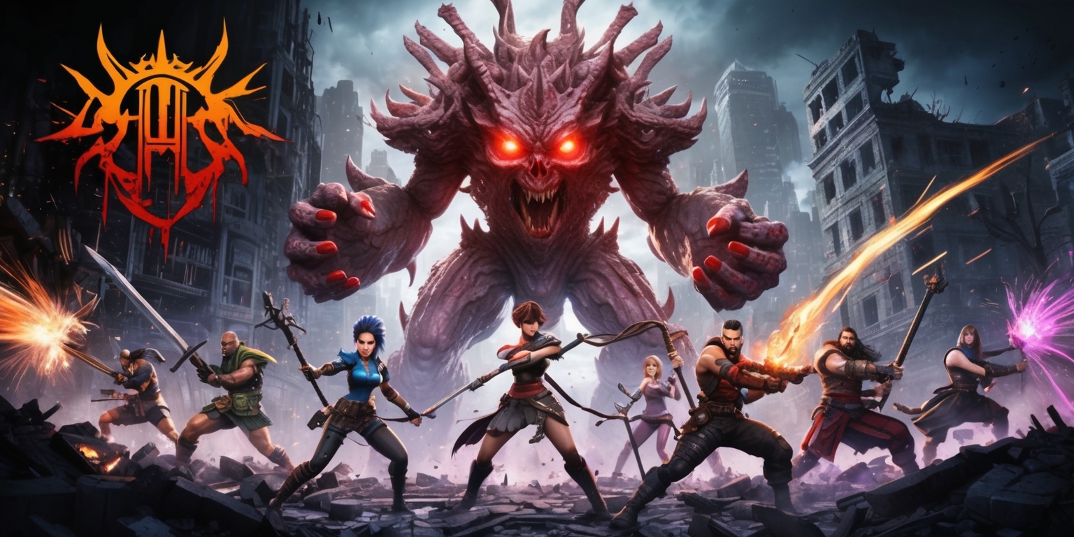 A dramatic and vibrant scene depicting a multi-stage boss battle in a video game, with a large, intricately designed boss character in the center, having multiple limbs and glowing red eyes, set against a dark, gritty, and destroyed cityscape backdrop with shattered buildings and debris scattered everywhere, the boss is surrounded by a group of brave warriors with determined facial expressions and unique attributes, including a female warrior with short spiky hair and a male warrior with a scar above his left eyebrow, the warriors are armed with an assortment of weapons, including swords, guns, and magical staffs, with explosions and special effects bursting in the background, and a bold, eye-catching font displaying the game's logo in the top left corner, with a mix of warm and cool colors, including shades of orange, blue, and purple, and a dynamic composition with movement lines and speed blur effects to convey the intense action and energy of the battle.