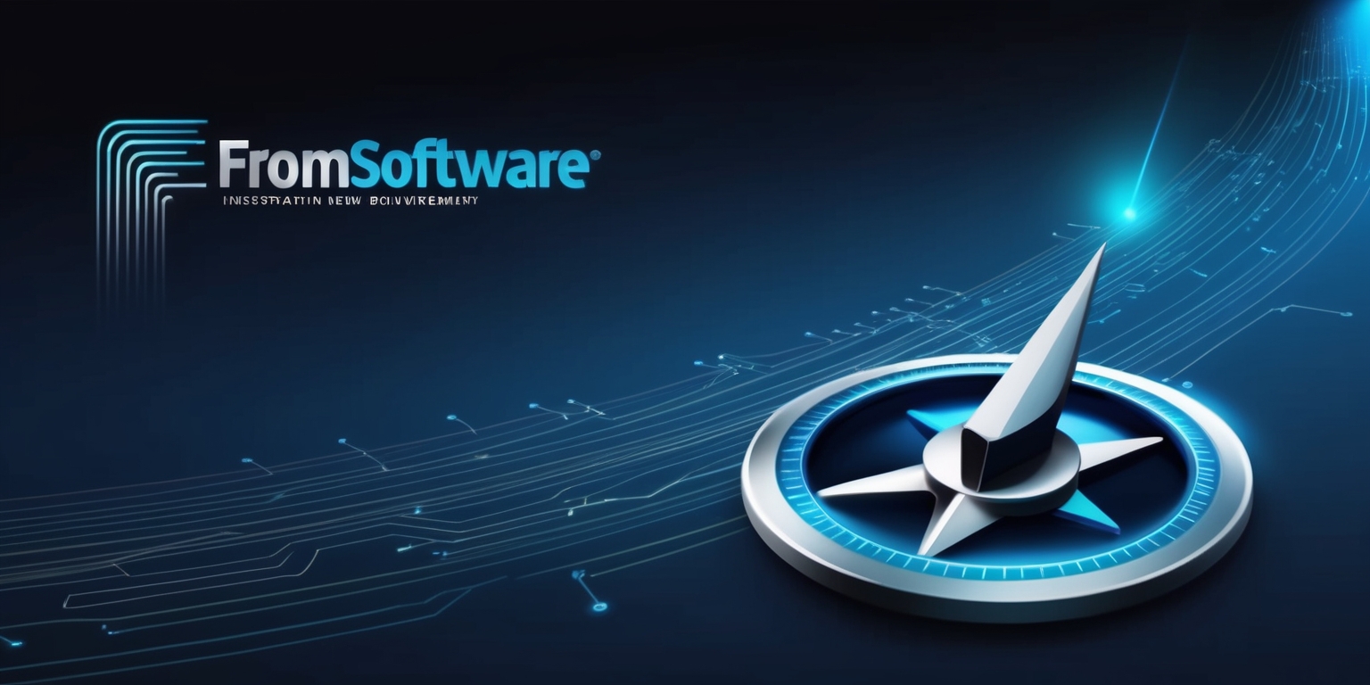 A futuristic, minimalist illustration depicting the trajectory of FromSoftware's innovative journey in game development, set against a dark, gradient blue background that evokes a sense of limitless possibilities, with subtle, silver circuitry patterns subtly etched into the surface. In the foreground, a stylized, silver compass with glowing blue accents serves as a centerpiece, symbolizing the navigation of new paths. The compass's needle points towards the top-right corner, as if charting a course into the future, surrounded by tiny, glowing blue lines that resemble code or electrical pathways. At the top-left corner, the FromSoftware logo is displayed prominently in a modern, sans-serif font with clean lines and a metallic sheen, in a bold, electric blue hue. The overall aesthetic is sleek, modern, and technological, with a focus on conveying innovation, exploration, and forward-thinking.