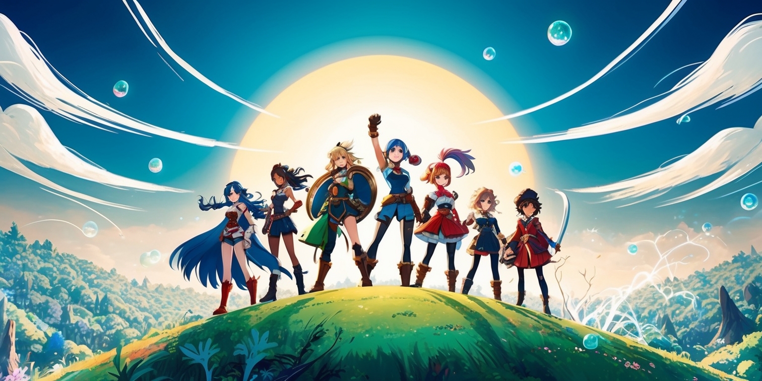A vibrant, stylized illustration of a fantasy world inspired by Japanese RPGs, set against a rich, gradient blue sky with wispy white clouds, featuring a diverse group of six heroes with unique outfits, hairstyles, and accessories, standing triumphantly on a hill overlooking a sprawling, mystical forest, with a glowing portal in the background, surrounded by floating, shimmering orbs and subtle, intricate line work, blending traditional and digital media, with bold brushstrokes and delicate textures, incorporating subtle anime-inspired facial features, expressive eyes, and vibrant, saturated colors, with hints of magic and adventure.