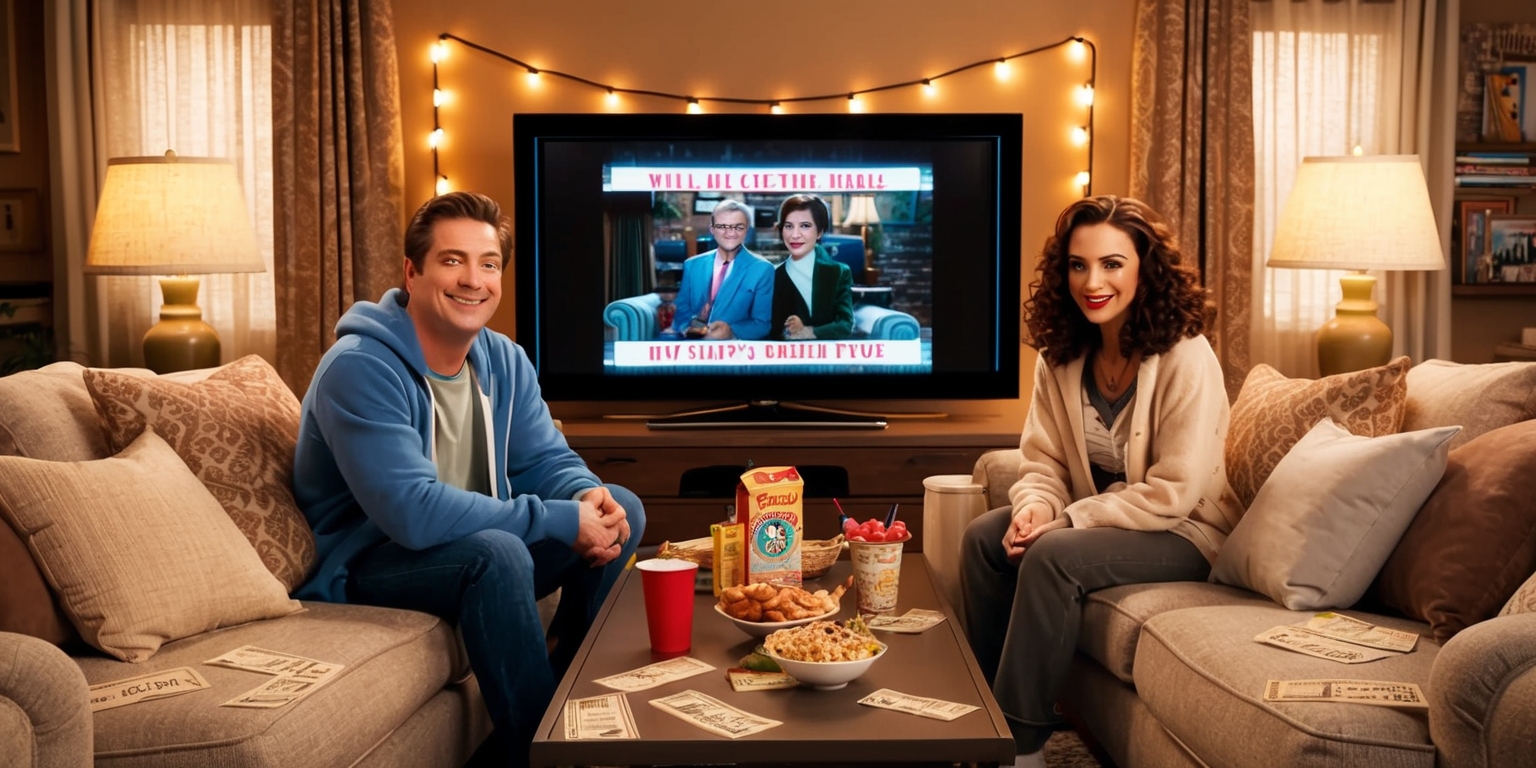 A warm and cozy movie night scene featuring Will and Harper, the lovable characters from the popular TV show, sitting together on a plush couch, surrounded by soft cushions and scattered movie tickets, with a large screen TV in front of them displaying a classic film, the room lit by the soft glow of table lamps and string lights, with a few snacks and drinks on a coffee table in front of them, Will with his signature smile and bright blue eyes, and Harper with her big brown eyes and curly brown hair, both wearing comfortable casual clothing, the atmosphere is relaxed and intimate, with a mix of warm beige, brown, and cream colors, and a touch of golden light, evoking a sense of nostalgia and friendship.