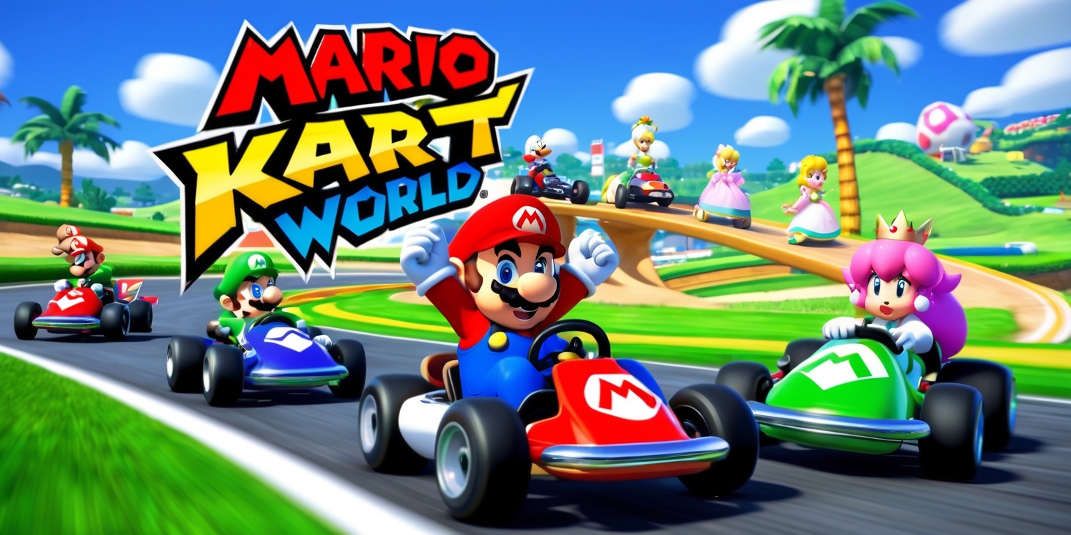 A vibrant and colorful scene from the Mario Kart World game, set on a lively racing track with iconic character Mario in the foreground, wearing his red cap and blue overalls, with a joyful expression on his face, alongside other beloved characters like Luigi, Princess Peach, and Bowser, each with their unique kart designs and colors, speeding through the track with motion blur effects, surrounded by lush green grass, blue skies, and fluffy white clouds, with the game's logo prominently displayed in bold, red, and yellow letters, and the background featuring a beautiful, sunny landscape with rolling hills and palm trees, all captured in a dynamic and action-packed composition with a shallow depth of field, emphasizing the excitement and energy of the game.