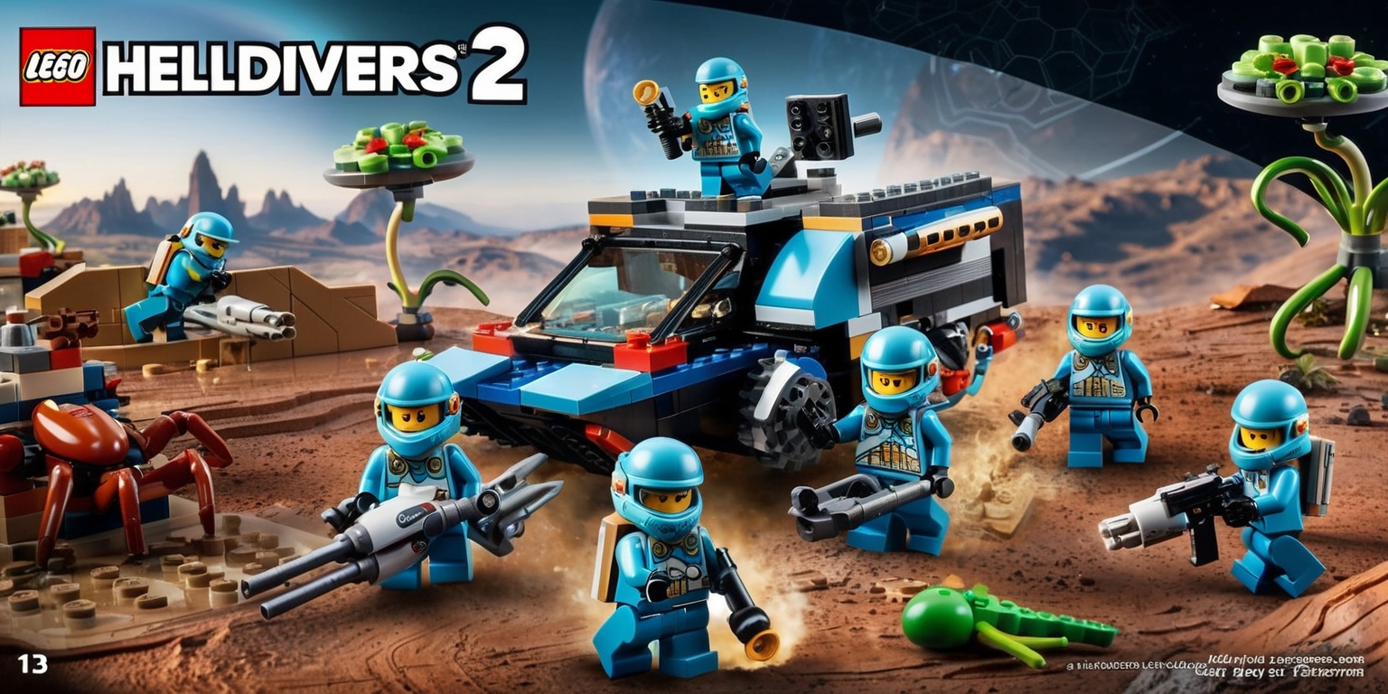 A highly detailed Lego scene depicting a Helldivers 2 theme, featuring miniature Lego figurines of soldiers wearing futuristic armor and helmets, with a mix of bright and muted colors, set against a backdrop of a distant planet's landscape with rugged terrain and strange alien flora, with a focus on intricate Lego designs and structures, including buildings, vehicles, and weapons, all constructed from a variety of Lego pieces, such as bricks, plates, and tiles, in a dynamic composition with a sense of action and adventure, with the Lego soldiers engaged in intense combat with alien creatures, and the overall aesthetic being a blend of science fiction and humor, with bold lines, vibrant colors, and a sense of depth and texture.