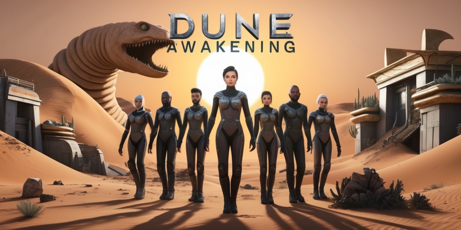 A futuristic and barren desert landscape from the Dune Awakening game, with a massive sandworm emerging from the dunes in the background, and a group of characters in stillsuits, with intricate facial features, and varied skin tones, standing at the forefront, surrounded by a mix of modern and ancient architectural elements, with a blend of earthy and metallic colors, and a sense of tension and anticipation in the atmosphere, set against a backdrop of a dual sun setting, casting a warm orange glow across the scene, with the game's title Dune Awakening emblazoned in bold, metallic letters across the top of the image.