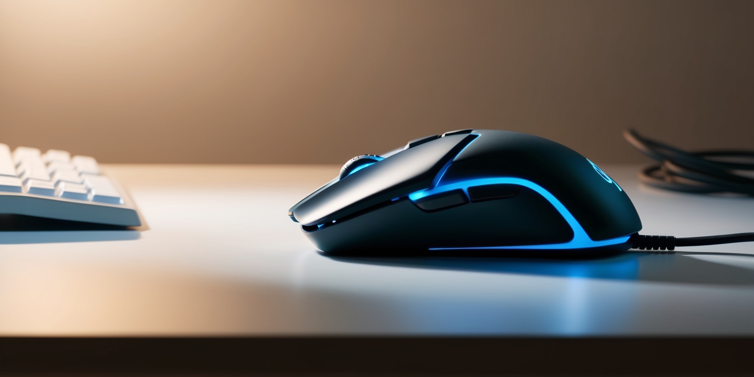 A sleek, modern gaming mouse sits on a clean, minimalist desk, surrounded by subtle hints of a gamer's setup, such as a faintly lit keyboard in the background and a few stray cables lazily coiled nearby, against a warm, neutral background that evokes a sense of sophistication and focus, with the mouse itself taking center stage, its curves and lines rendered in meticulous detail, its buttons and scrolling wheel showcased in a slight, dramatic angle, with a splash of bright, electric blue accents that pop against the otherwise muted color palette, and a small, tasteful logo or branding element discreetly integrated into the design, with a hint of subtle, softbox lighting that accentuates the mouse's contours and textures, and a sprinkle of subtle, cinematic shadows that add depth and dimensionality to the overall composition.