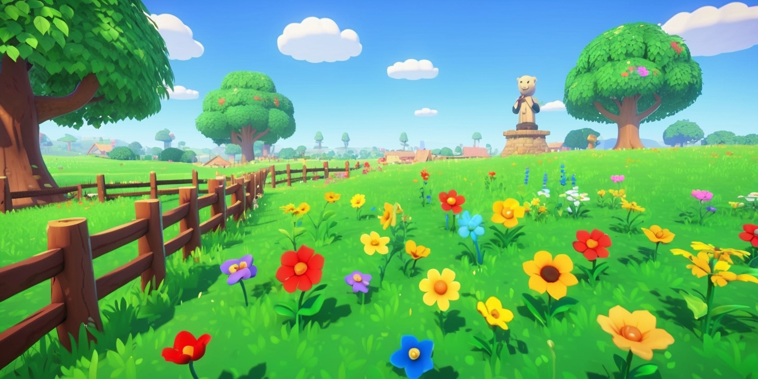 A serene and vibrant landscape of Stardew Valley, a whimsical farming simulation game, set during a warm and sunny afternoon, with a few fluffy white clouds drifting lazily across the bright blue sky. In the foreground, a lush green meadow stretches towards the horizon, dotted with assorted wildflowers of varying colors, including red, yellow, blue, and purple, swaying gently in the breeze. To the left, a rustic wooden fence borders the meadow, with a few trees of varying shapes and sizes scattered throughout, their branches adorned with leaves of different shades of green. In the distance, the faint outline of Pelican Town's buildings can be seen, with the statue of Harvey the villager standing proudly in the center. The entire scene exudes a sense of peacefulness and tranquility, with soft, warm lighting and subtle textures that evoke a sense of depth and dimensionality.