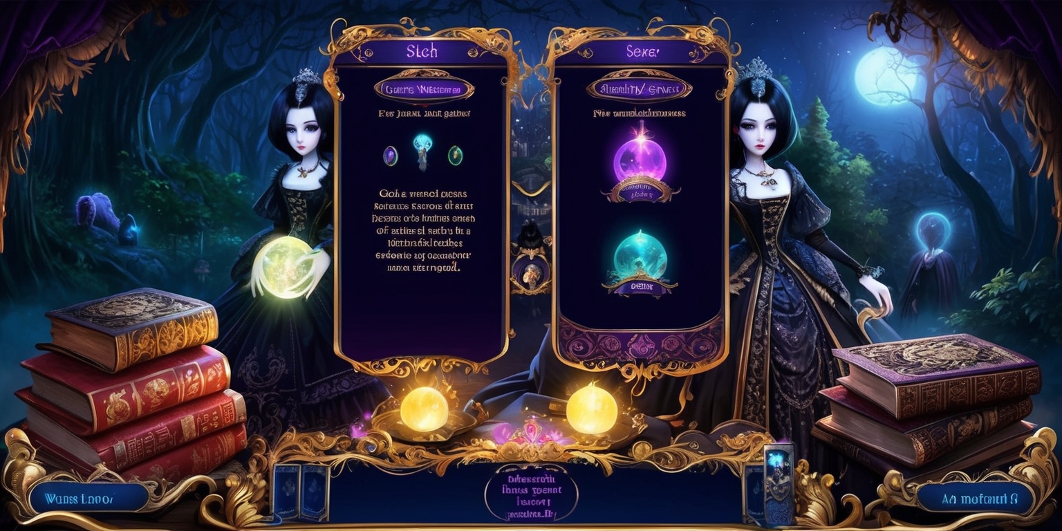A dark, mystical scene with a gothic fairytale aesthetic, featuring a dual-mode gameplay interface with rich, velvety textures and intricate, golden accents, set against a backdrop of haunting, whispery forests and twinkling, starry night skies, with characters having pale, porcelain-like skin and raven-black hair, dressed in elaborate, Victorian-era inspired attire, surrounded by glowing, ethereal orbs and ancient, leather-bound tomes, with redeemable codes and rewards displayed in a elegant, cursive font, and a user-friendly interface that incorporates subtle, glowing animations and soft, pulsing colors, all blending together to create a captivating and immersive digital game world, with a sense of mystery and enchantment, and a hint of foreboding and danger lurking in the shadows.