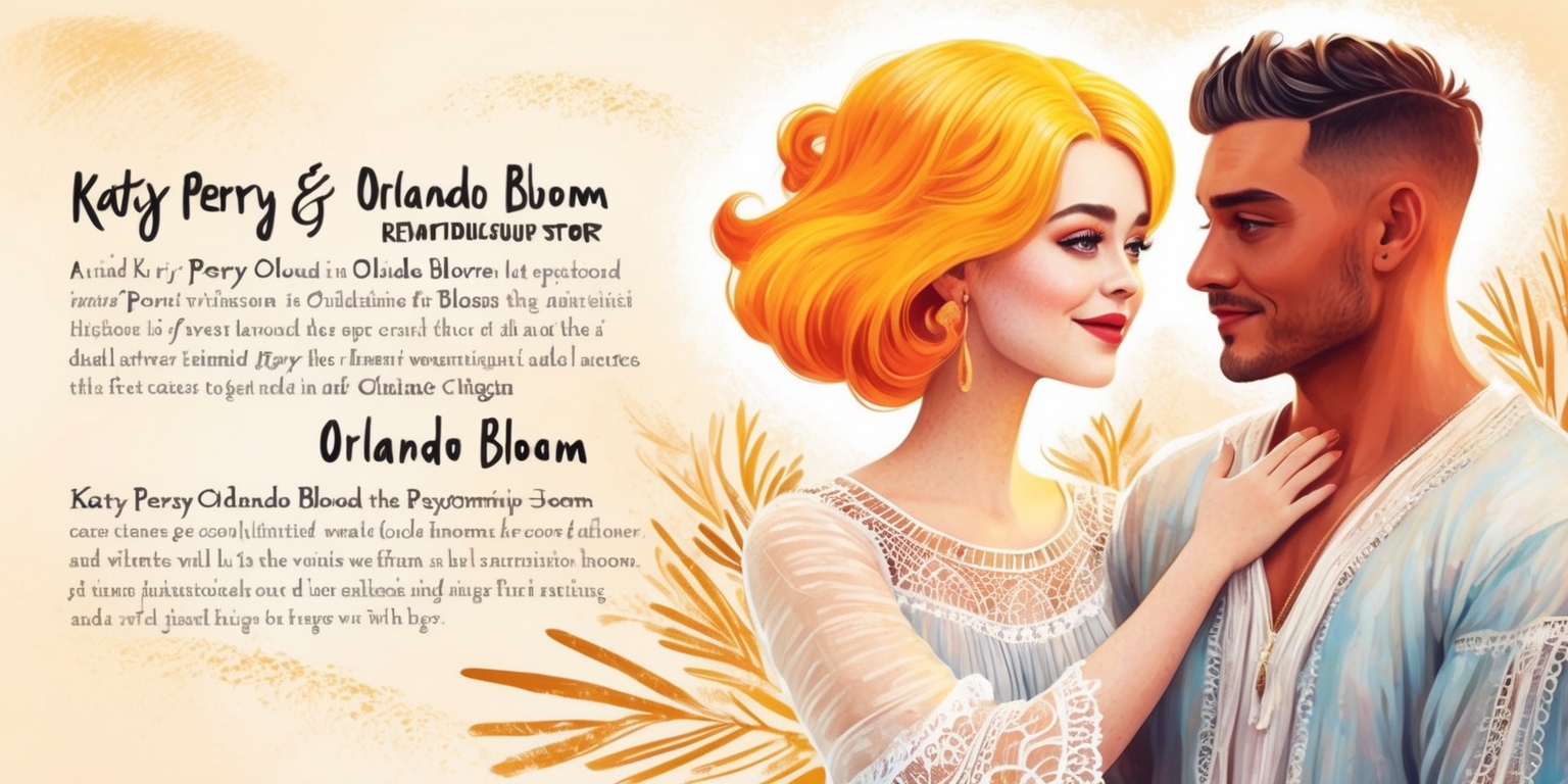 A warm and intimate illustration of Katy Perry and Orlando Bloom's relationship story, set against a soft, creamy background with subtle hints of golden sunlight, evoking a sense of romance and nostalgia. Katy Perry is depicted with her signature bold, vibrant hair, styled in loose waves, and her porcelain skin glowing with a radiant complexion. Her facial features are delicate, with a small nose and full lips that curve into a gentle smile. She wears a flowing, bohemian-inspired white dress with intricate lace details, echoing the free-spirited nature of her personality. Orlando Bloom stands beside her, his chiseled features and strong jawline accentuated by a rugged, effortless hairstyle and a trimmed beard. His skin has a warm, sun-kissed tone, and his eyes sparkle with affection as he gazes at Katy. The couple's hands are intertwined, symbolizing their love and commitment to each other. The illustration style is whimsical and dreamy, with bold lines, delicate textures, and a mix of digital and watercolor elements.