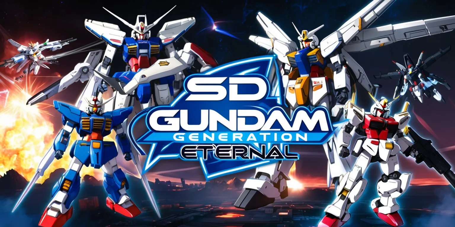 A highly detailed scene featuring SD Gundam G Generation Eternal game, with vibrant colors, showcasing a variety of Gundams in a futuristic setting, including the RX-78-2 Gundam, Wing Gundam, and Strike Freedom, set against a backdrop of a space battlefield with explosions and lasers illuminating the dark sky, the Gundams are rendered in a stylized super deformed format with exaggerated features, bold lines, and vibrant colors, the game's logo is prominently displayed in a bold, metallic font with a bright blue and white color scheme, the overall style is reminiscent of a Japanese anime or manga, with dynamic poses and dramatic lighting, the image is set in a widescreen format with a slight blur effect in the background to emphasize the Gundams in the foreground.