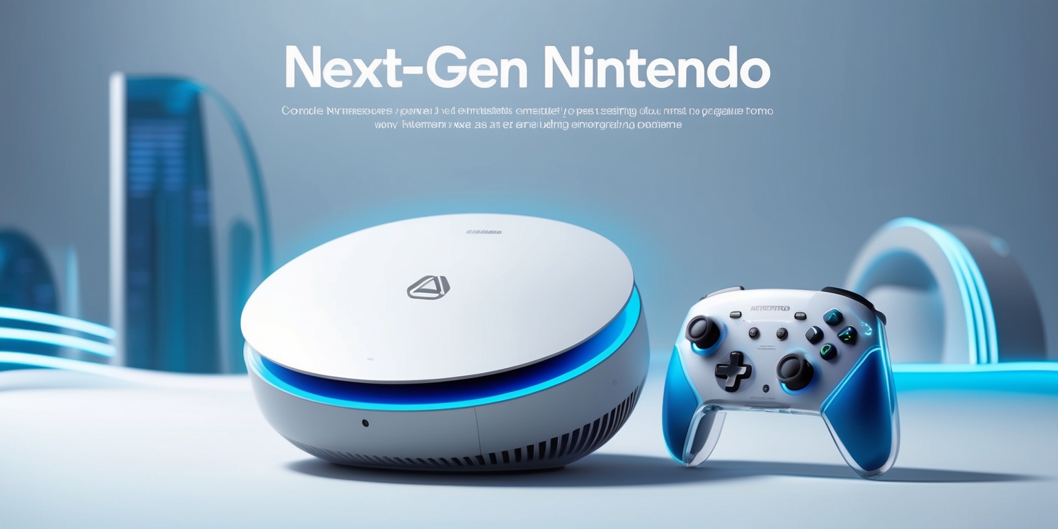 A futuristic, sleek, and minimalist illustration of Nintendo's next-generation gaming console, set against a clean, gradient blue background that evokes a sense of innovation and modernity. The console, rendered in precise, photorealistic detail, features a distinctive, curved design with a subtle glow emanating from the vents, hinting at advanced cooling technology. A small, circular Nintendo logo, with a metallic silver finish and subtle, gradient blue accents, is centered on the console's surface. To the side, a delicate, transparent controller with a ergonomic design and vibrant, electric blue accents is placed at a slight angle, as if inviting the viewer to pick it up. In the background, a blurred, cityscape-inspired landscape with neon-lit skyscrapers and curved, futuristic architecture serves as a backdrop, symbolizing the immersive, high-tech gaming experiences the console promises to deliver. At the top, a bold, modernist font with a metallic silver finish displays the headline Next-Gen Nintendo in a smooth, curved line, while smaller, sans-serif text below provides a detailed analysis of the console's design, features, pricing, and market positioning.